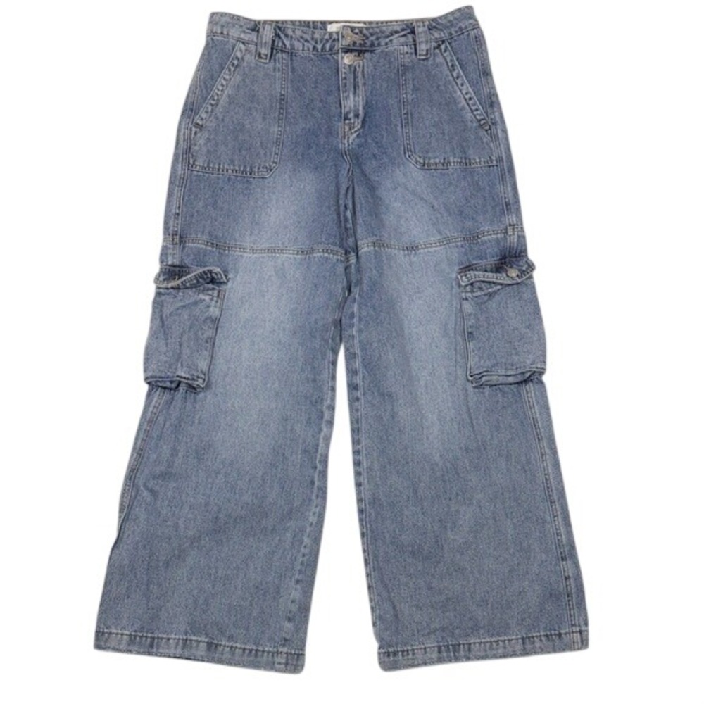 Mica Denim Women Medium Wash Wide Leg Cargo Jeans MDP-W516 High Rise Blue 33x28